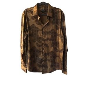 Pavini Men's Dress Shirt‎ Gold Black Geometric Pattern Size Large